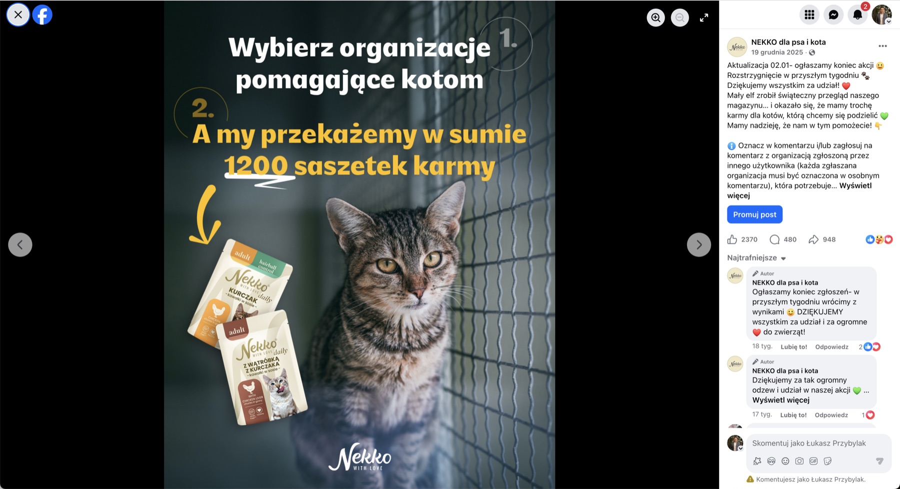 Post startujący akcję — Wybierz organizacje pomagające kotom, 1200 saszetek karmy